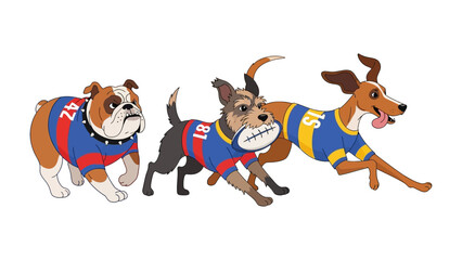 Sporty Canine Trio: A trio of athletic canines, each clad in vibrant sports jerseys, engage in a playful, high-energy dash, fully embodying the spirit of sport and teamwork.