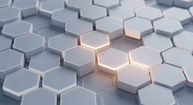 Abstract image of gray hexagonal shapes, some glowing softly orange, creating a modern and technological pattern, ideal for tech or design backgrounds
