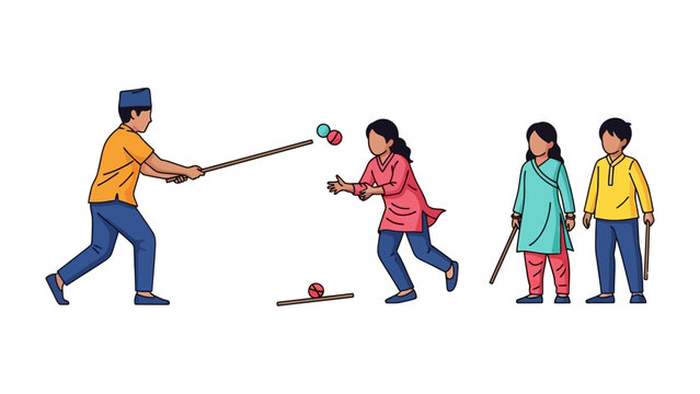 Childhood Games: Illustrated scene of a group of children engaged in a game of gulli danda, evoking a sense of nostalgia and joy.
