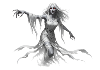 A fearsome, spectral female figure, draped in tattered white fabric, with striking red eyes, commands attention against a stark black backdrop.