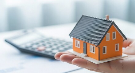 Real Estate Investment Miniature House and Calculator Symbolize Mortgage Planning and Financial Security