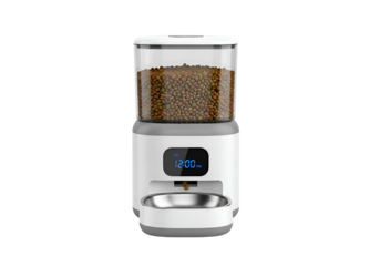 Modern automated pet feeder with clear container displaying brown pet food and digital time display.