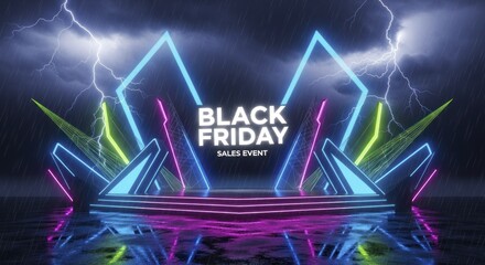 Obraz premium Energetic Black Friday Sales Event with Glowing Neon Stage, Rain, and Dramatic Lightning Strikes