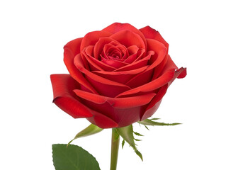 Fototapeta premium A vibrant, deep red rose, exquisitely detailed, stands out against a stark black background.