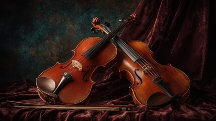 Fototapeta premium Two violins and a bow are arranged on a draped velvet cloth against a textured backdrop.