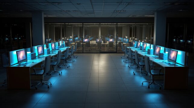 Empty computer lab illuminated by blue monitors, creating a calm and technological atmosphere.