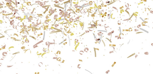 Beautiful image of gold and rose gold confetti falling on a white background. Perfect for celebrations and festive designs.