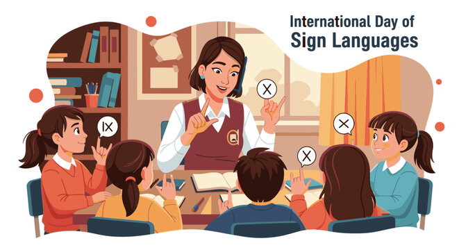 Teacher and diverse students learning sign language in a classroom setting, promoting communication and inclusivity