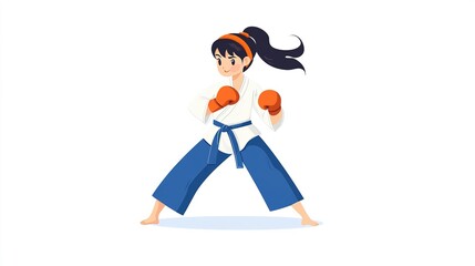 Female Karate Practitioner In Karate Uniform, Showing Martial Arts Movement Posture