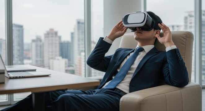 An office worker sitting on a chair and relaxing in his personal space while wearing a VR headset.