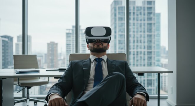 An office worker sitting on a chair and relaxing in his personal space while wearing a VR headset. - Powered by Adobe
