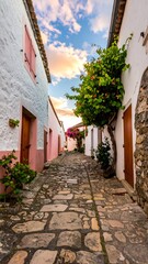 Naklejka premium Picturesque alleyway in a charming village at sunset