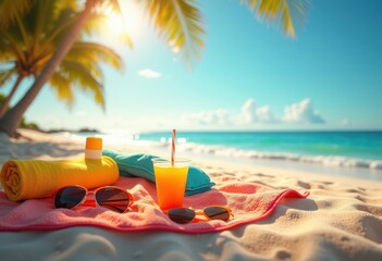 Fototapeta premium stunning tropical beach essentials laid out soft sand featuring colorful refreshing drinks, sunglasses, sunscreen, refreshment, relaxation, holiday