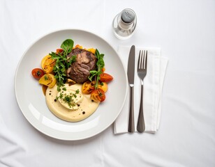 Deliciously plated lamb dish sits on a white tablecloth, garnished with fresh greens and colorful vegetables in a restaurant setting, showcasing culinary artistry.