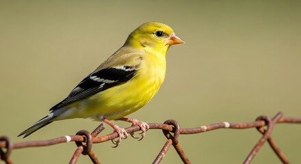 Bright yellow American Goldfinch perched on a rusty fence wire.