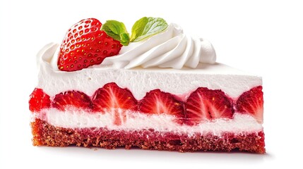 Delicious slice of strawberry cake with fresh cream and a biscuit base perfect for dessert lovers