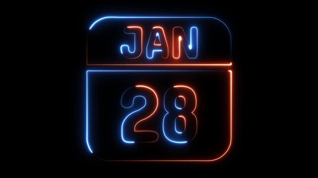 January twenty eighth neon calendar date glowing abstract digital display animation modern futuristic countdown event