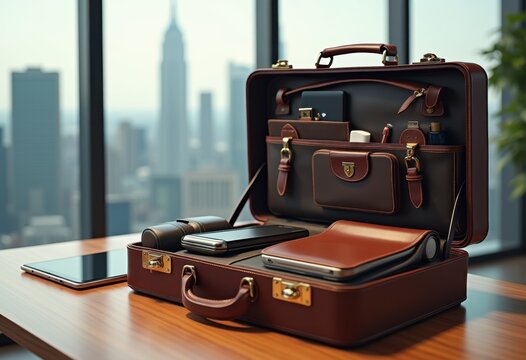 stylish briefcase packed corporate adventure business travel essentials professional gear fashionable accessory, laptop, documents, accessories, folders
