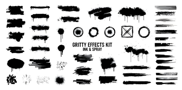 Decoration grunge, graphic pack - graffiti spray, brush strokes, highlighters, rectangle grunge shapes for text with splash. Dirty decoration grunge box with paint stroke, spray clouds. Vector set