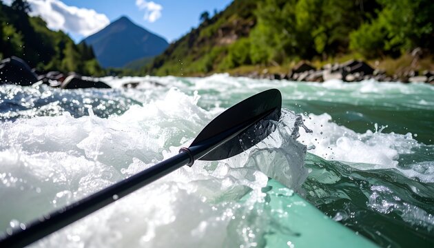 Kayaking in a mountain river.  Close-up view of paddle in rapids
