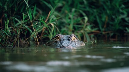 Fototapeta premium A crocodile peeks out of the water, its eyes focused and alert against the lush green foliage.