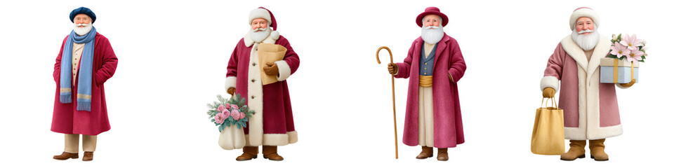 Santa Claus watercolor art, Four unique figures dressed in festive attire, each embodying different aspects of holiday cheer and tradition.