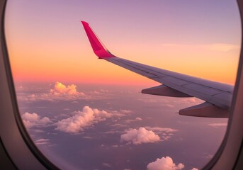Obraz premium 夕焼け空を飛ぶ飛行機の翼と雲景色写真
