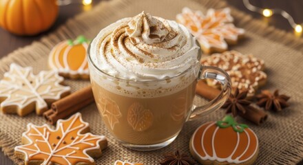 Cozy Pumpkin Spice Latte with Whipped Cream and Autumn Gingerbread Cookies, Spices, and Warm Fairy Lights, Perfect for Fall.