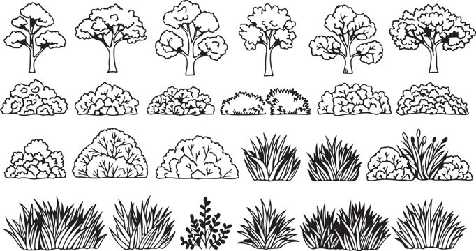 Collection of hand drawn black and white trees and bushes in various styles