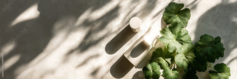 Poster abstract composition of white cylindrical objects and green foliage casting dramatic shadows on a te