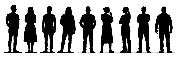 Silhouette of Diverse People Group of Men and Women, Black and White, Vector Illustration