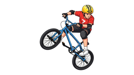 Obraz premium Dynamic BMX Stunt: A determined cyclist balances on one wheel, skillfully performing a thrilling stunt on their BMX bike against a crisp background, capturing a moment of action.
