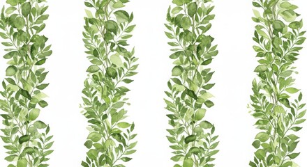 Obraz premium A repeating pattern of four vertical green stripes, each richly decorated with dense overlapping leaves in various shades of green. The design creates a lush, natural look, ideal for wallpapers