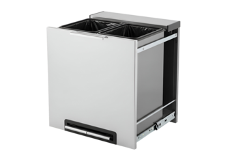 Modern, sleek pull-out dual waste bin unit with a clean, minimalist design.