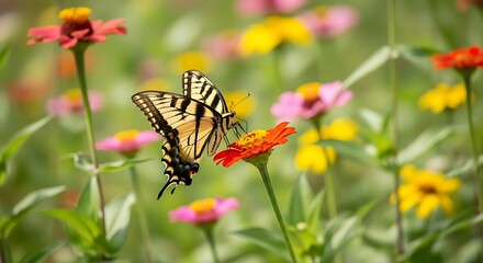 Obraz premium Butterfly on Zinnia Flower in Summer Garden.