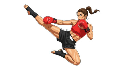 Dynamism in Motion: A dynamic illustration captures the strength and agility of a female martial artist executing a powerful kick, showcasing determination and skill in the realm of combat sports.
