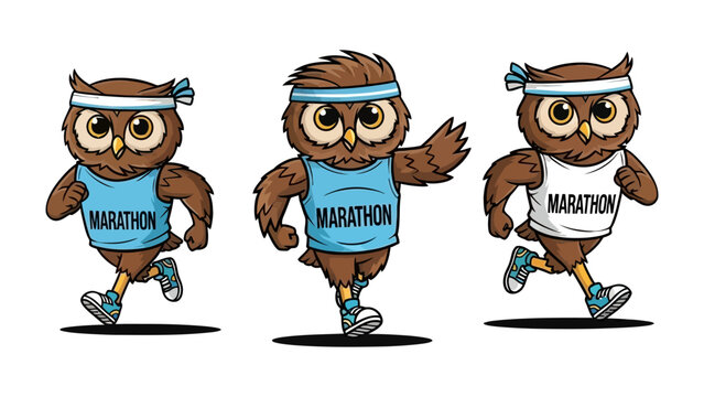 Owl Marathon Runners: A trio of animated owls are depicted in a sporty and whimsical illustration, with each character enthusiastically running a marathon