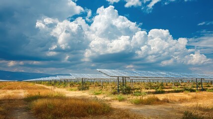 Obraz premium Solar Panel Array in Landscape: An expansive solar panel array is set against a vibrant landscape with a picturesque, cloudy sky. An image promoting sustainable and renewable energy sources.