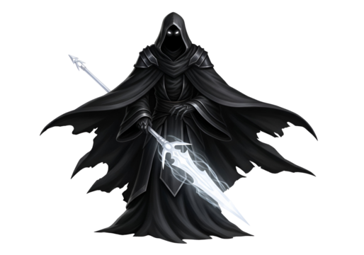 A figure in dark attire, cloaked and holding a radiant staff, dominates the black background.