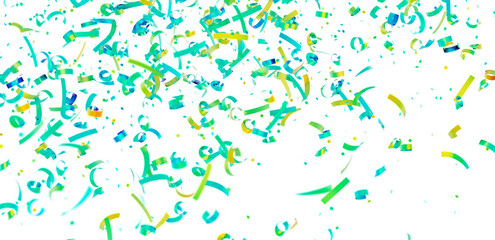 Bright teal, green, and yellow confetti falling on a white background. Perfect for celebration, party, and festive designs.