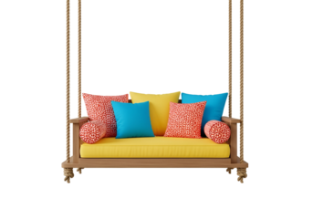 A vibrant wooden swing bed with bright yellow upholstery and colorful patterned cushions hangs from ropes against a black backdrop.