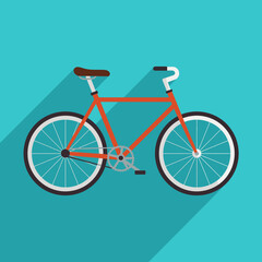 A flat-design illustration of a rusty-orange bicycle with a long shadow.