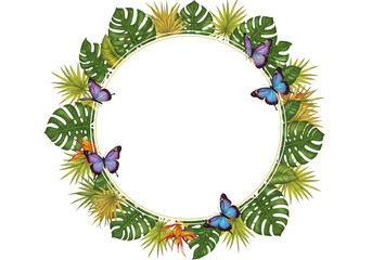 Tropical Wreath Frame:  Butterflies, Monstera Leaves, and Floral Elements isolated on transparent background