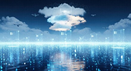 Futuristic Cloud Computing Technology with Drones Over Digital Cityscape