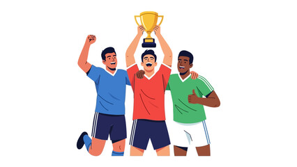 Triumphant Team: Illustrative depiction of a victorious team of sports professionals, exuberantly hoisting a golden trophy against a minimalist backdrop.