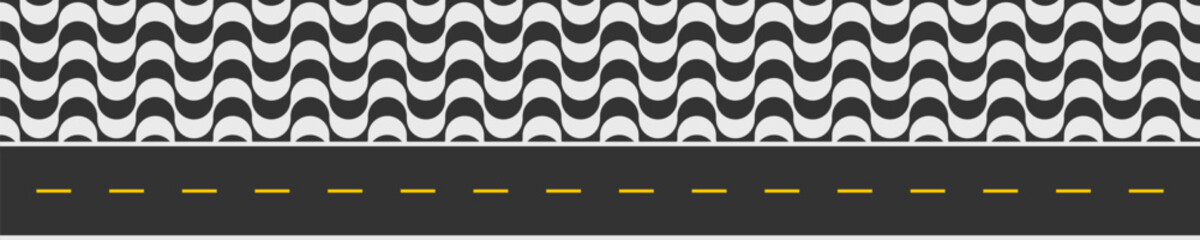 Road and sidewalk with Copacabana print. Repeating black and white waving texture in Portuguese pavement style. Fragment of the famous beach promenade in Rio de Janeiro. Vector graphic illustration.