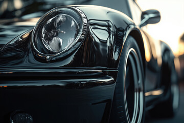 Close up showing front headlight and wheel of classic black sports car reflecting surroundings, capturing sleek lines and glossy surface, emphasizing automotive design details
