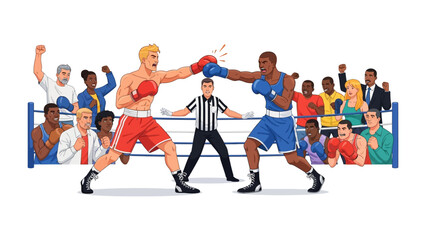Boxing Match: A dynamic illustration depicts a thrilling boxing match. Two skilled boxers engage in intense combat, exchanging powerful punches inside the ring, as a referee observes the action.