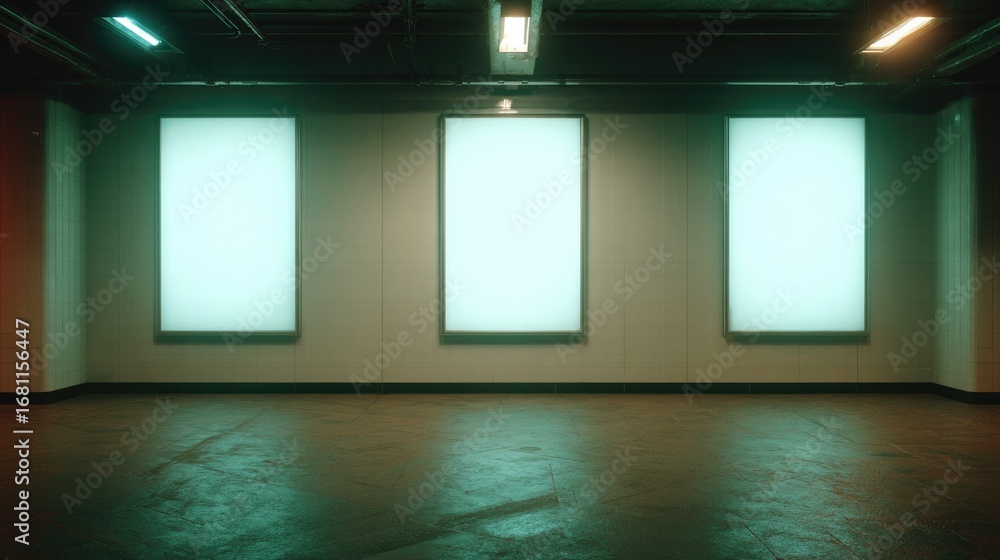 Poster minimalist gallery space showcasing three illuminated frames on