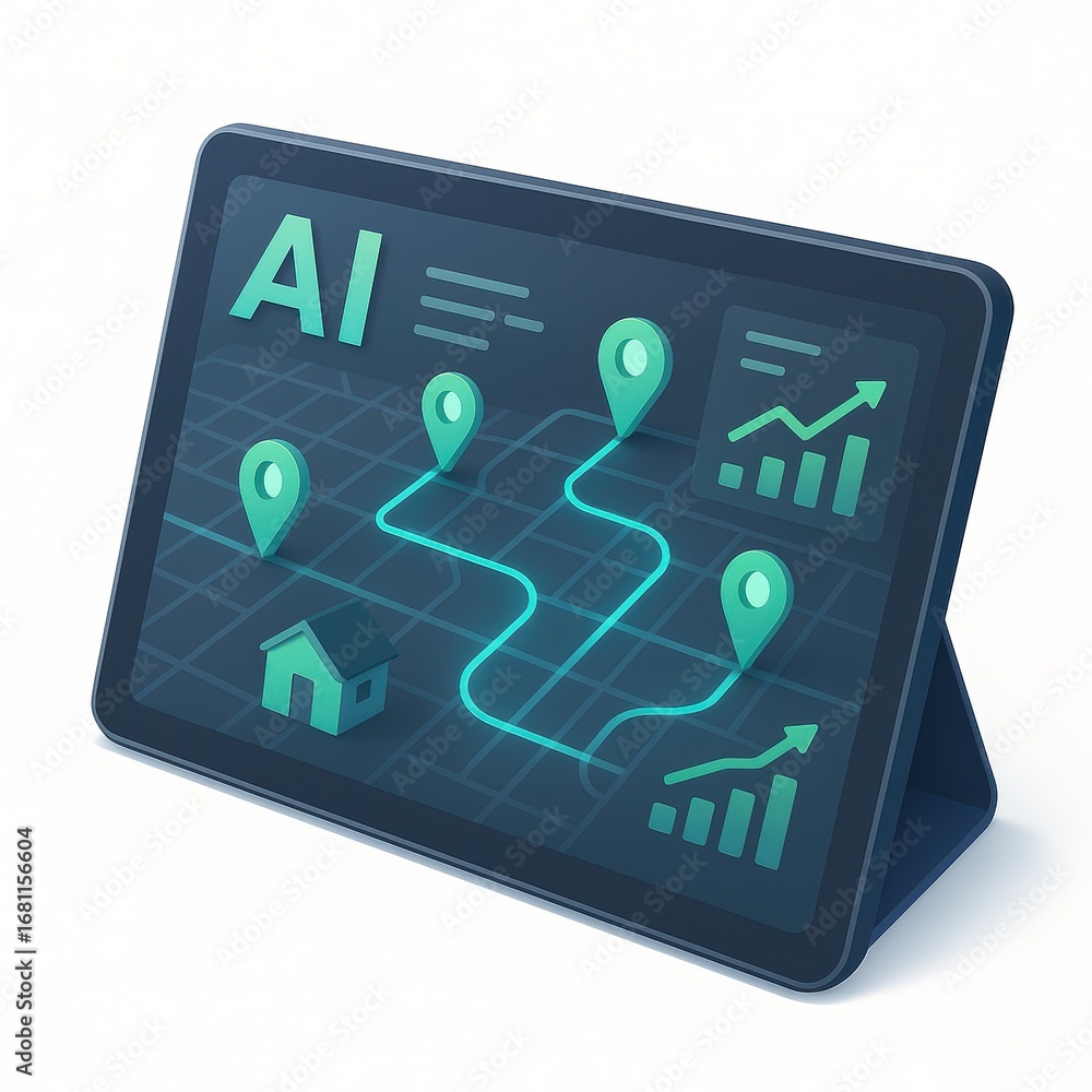 Poster digital illustration of ai technology with maps and data visualization concepts